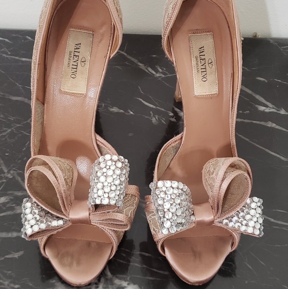 Valentino Pink Crystal Bow Peep-Toe Heels
